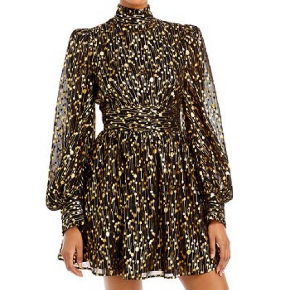 AQUA Mock Neck Gold Foil Mini Dress MEDIUM